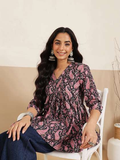 FEMBLISS Pure
                          Cotton V-Neck Three-Quarter Sleeves Peplum
                          Kurti