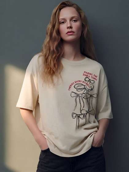SMARTEES Women
                          Typography Printed Drop-Shoulder Sleeves
                          T-shirt