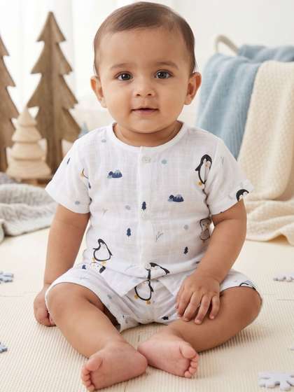 Little Angels Baby Boy
                      White Printed Muslin Shirt & Shorts Set