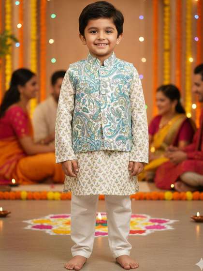 Rangi Saga Boys Ethnic
                    Motifs Printed Regular Pure Cotton Kurta with
                    Pyjamas