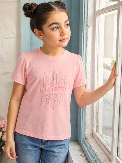 Purple United Kids Girls
                    Peach Short Sleeves Round Neck Cotton Tshirt