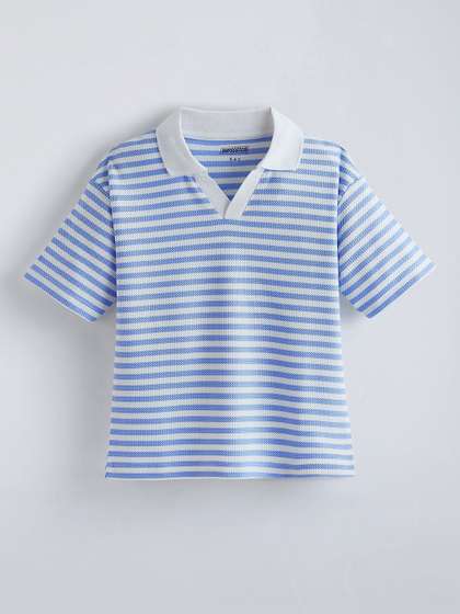 Hopscotch Boys Striped
                    Mandarin Collar Drop-Shoulder Sleeves T-shirt
