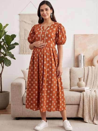 Nayo Ethnic Motifs
                          Print Puff Sleeve Maternity A-Line Midi Dress
