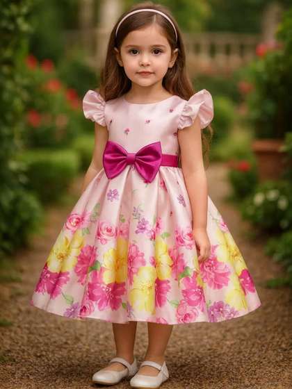 Dripteen Girls Print
                      Flared Sleeve Satin Fit & Flare Silk Maxi
                      Dress