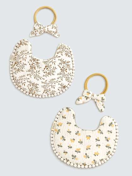 Little Surprise Box Pack
                    Of 2 Floral Muslin Lace Tie-Up Bibs With Bow Hair
                    Tie
