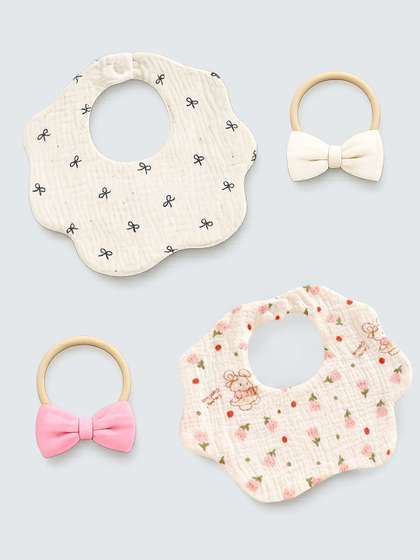 Little Surprise Box Pack
                    Of 2 Bow Bun Pinny Print Muslin Bibs Set With Bow
                    Hair Band