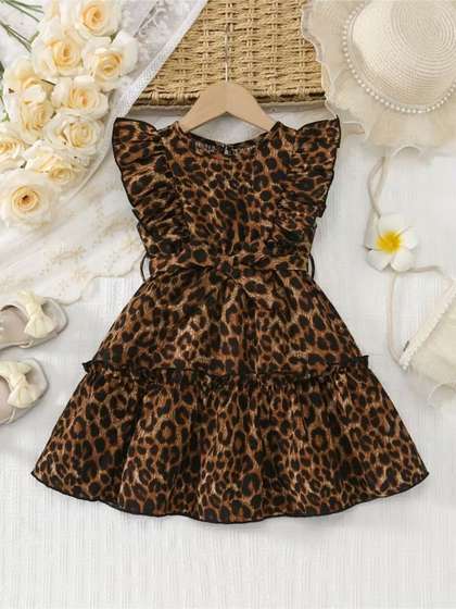YK Animal Print Flutter
                    Sleeve Ruffled A-Line Dress