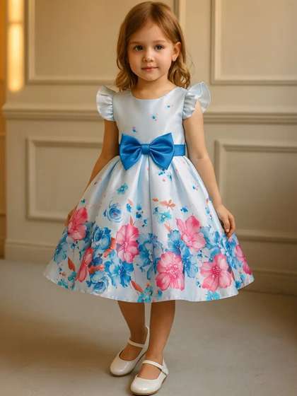 Dripteen Infant Girls
                    Print Flared Sleeve Silk Fit & Flare Maxi Dress
