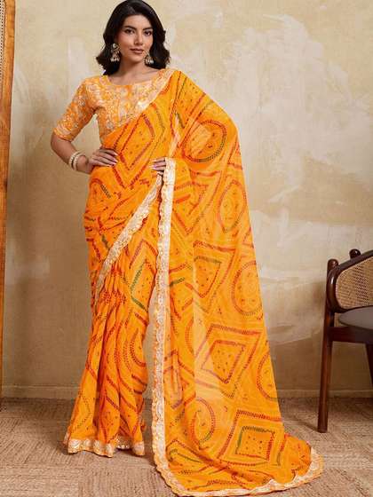 Satrani Womens
                        Yellow Pure Gerogette Bandhani Unstitched Blouse
                        Piece & Sarees