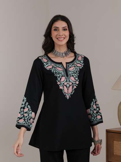 QAZMI Women Aari
                        Embroidered Viscose Rayon A-Line Full Sleeves
                        Short Kurti