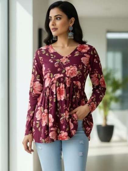 Anouk Floral
                          Printed V-Neck Thread Work Pure Cotton Blend
                          Thread Work Kurti