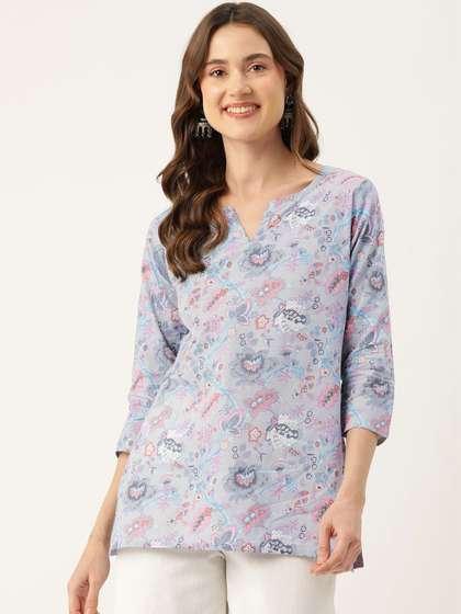 FERANOID Floral
                          Printed V-Neck Pure Cotton Kurti