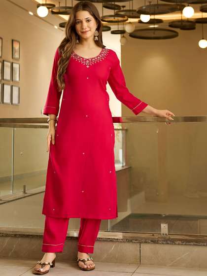 KALINI Women Floral
                        Embroidered Regular Thread Work Kurta with
                        Trousers & With Dupatta