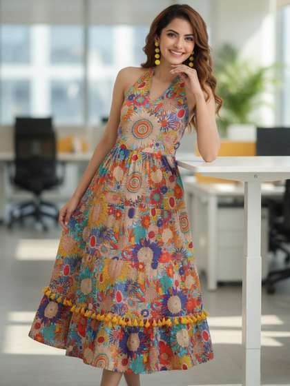 Rain & Rainbow
                      Floral Printed Pure Cotton Fit & Flare Ethnic
                      Dress