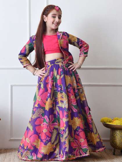 House of Pataudi
                          Floral Printed Round Neck Lehenga With Choli
                          & Jacket