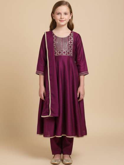 Sangria Girls
                    Embroidered Round Neck Kurta & Trousers With
                    Dupatta