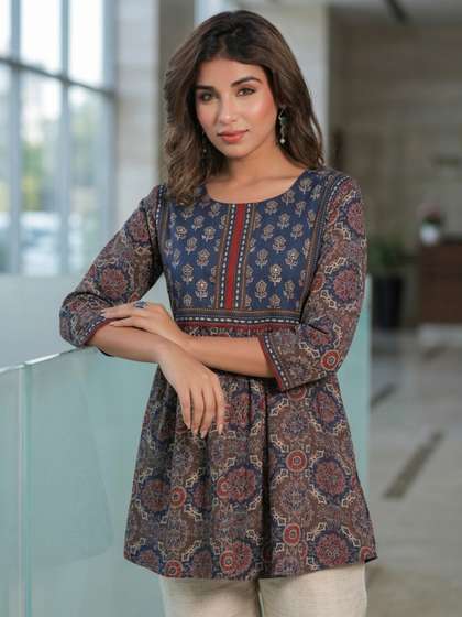 Rain & Rainbow
                          Ethnic Motifs Printed Sequinned Pure Cotton
                          A-Line Kurti