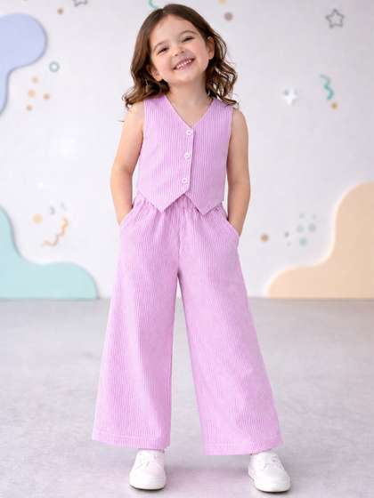 Kidbea Girls Frilled
                    Cotton Striped Cotton Waistcoat with Trousers