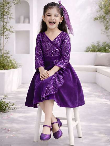 BAESD Girls Self Design
                    V-Neck Velvet Fit & Flare Dress