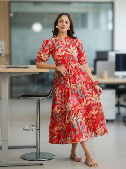 Rain & Rainbow
                      Women Floral Print Puff Sleeve Pure Cotton Fit
                      & Flare Midi Dress