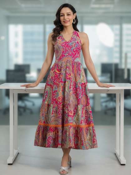Rain & Rainbow
                        Ethnic Motifs Printed Maxi Fit & Flare
                        Tiered Pure Cotton Ethnic Dress