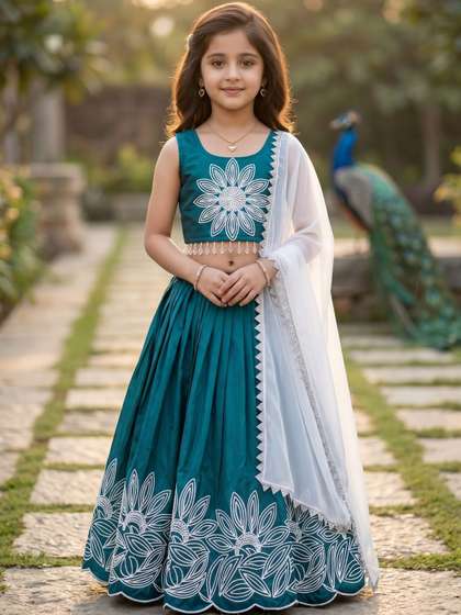 KALINI Girls Embroidered
                    Thread Work Ready to Wear Lehenga & Blouse With
                    Dupatta