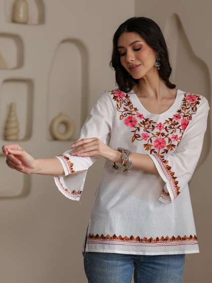 QAZMI Women Nafisa
                        Kashmiri Aari Work V-Neck Blue Kurti