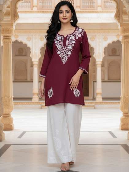 FashionChikan Art
                        Ethnic Motifs Embroidered V-Neck Chikankari
                        Handloom Chikankari Kurti
