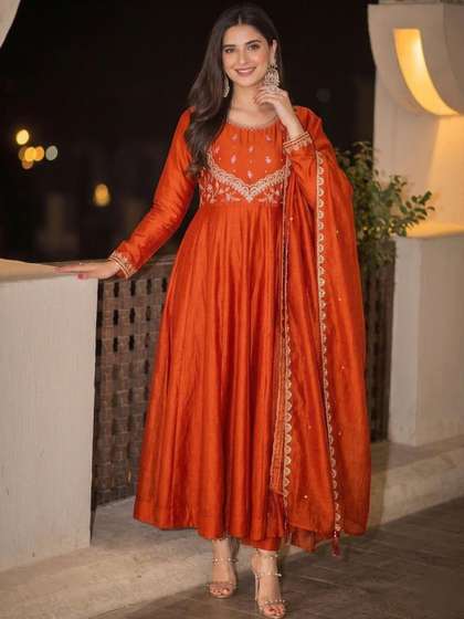 Sangria Embroidered
                        Round Neck Kurta & Trousers With Dupatta