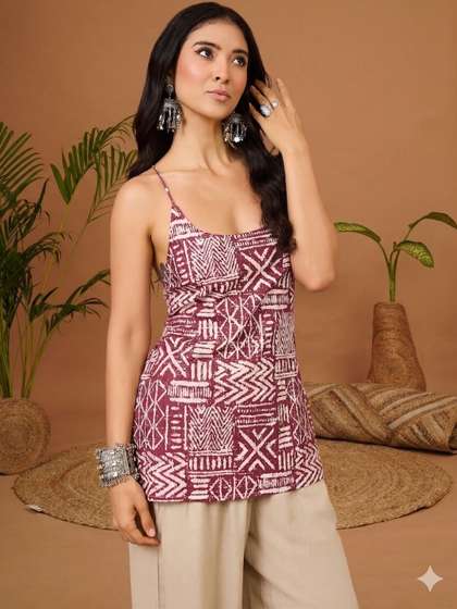 KALINI Floral
                        Printed V-Neck Pure Cotton Blend Khadi Kurti