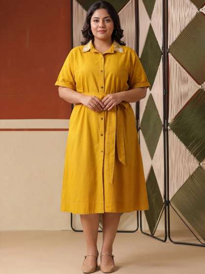 SCAKHI Plus Size
                        Women Mustard Embroidered Collar Midi Dress