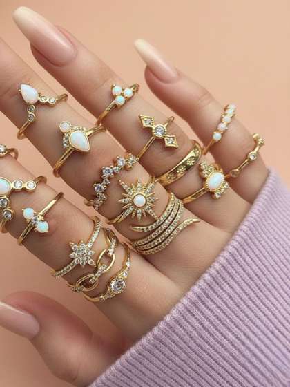 Zaphariq Women Set of
                      17 Gold-Plated Cubic Zirconia Finger Ring
