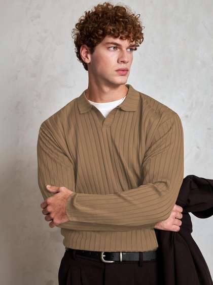 HAPPY KHAJANA Men
                          Striped V-Neck T-shirt