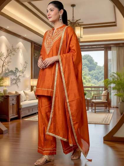 PEACH PIPER Women
                        Embroidered Regular Gotta Patti Kurta with
                        Palazzos & With Dupatta