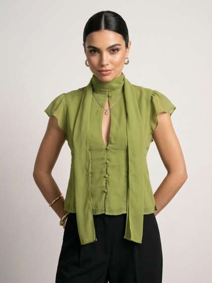 Phosphorus Pleated
                        Detailed Scarf Neck Cap Sleeves Regular Top