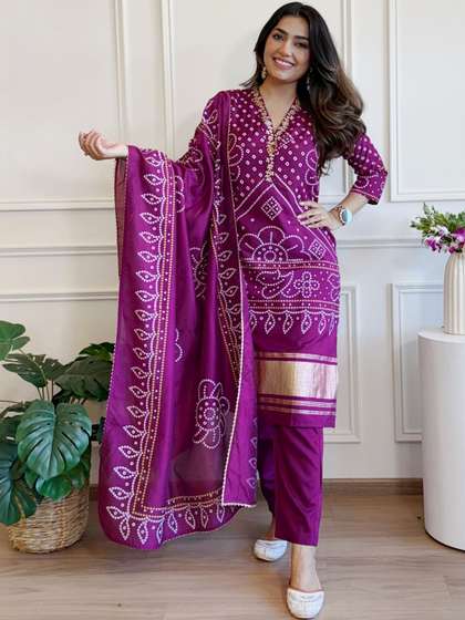 PEACH PIPER Women
                        Printed Regular Thread Work Kurta with Trousers
                        & With Dupatta