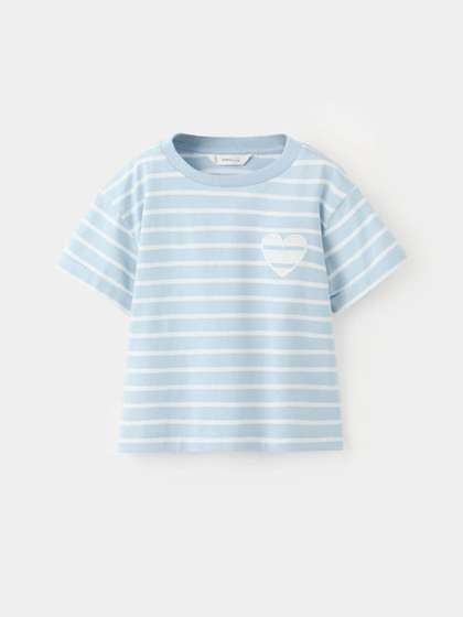 Mango Kids Girls Striped
                    Drop-Shoulder Sleeves Pure Cotton Applique T-shirt