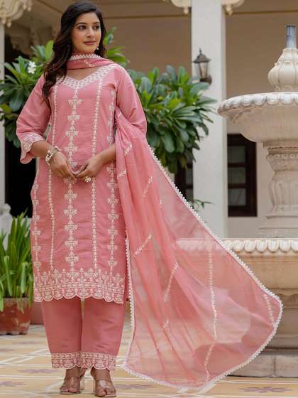 SHINISHA Women
                        Ethnic Motifs Embroidered Regular Thread Work
                        Kurta with Trousers & With Dupatta