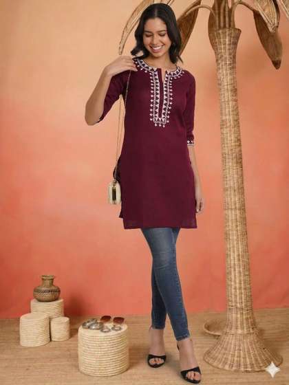 Sangria FUZN Floral
                        Embroidered V-Neck Pure Cotton Blend Khadi
                        Kurti