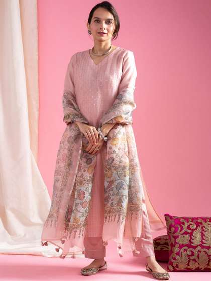 SHINISHA Women
                        Striped Regular Thread Work Chanderi Silk Kurta
                        with Trousers & With Dupatta
