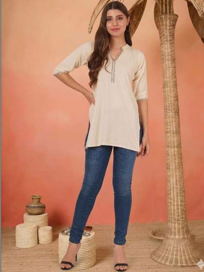 Sangria FUZN Floral
                        Embroidered V-Neck Pure Cotton Blend Khadi
                        Kurti