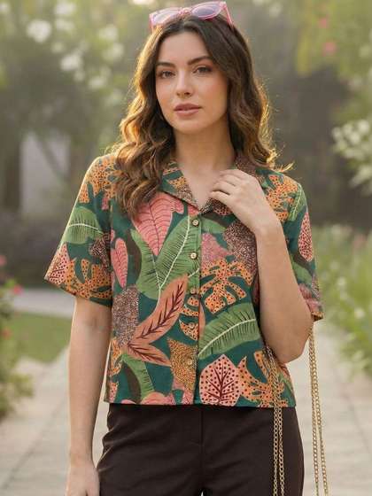 Varanga Floral Print
                        Tropical Satin Shirt Style Top