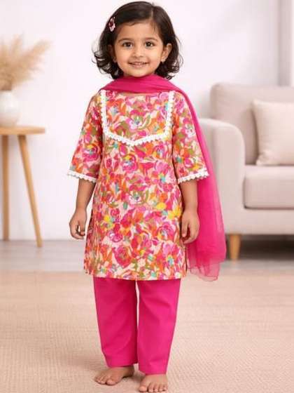 Sangria Girls Printed
                    Pure Cotton Round Neck Kurta & Trousers With
                    Dupatta