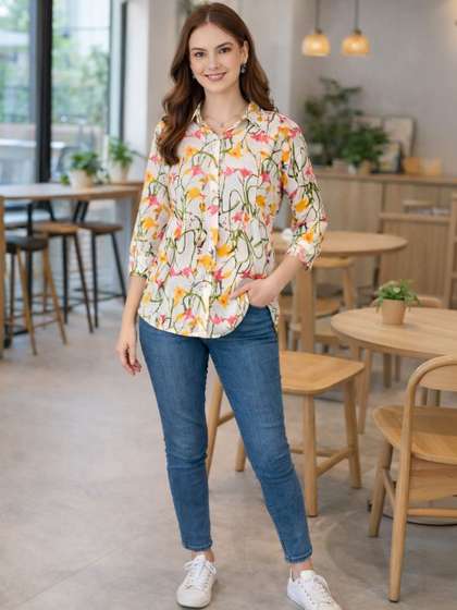 KALINI Floral Print
                        Mandarin Collar Ethnic Cotton Blend Peplum Top