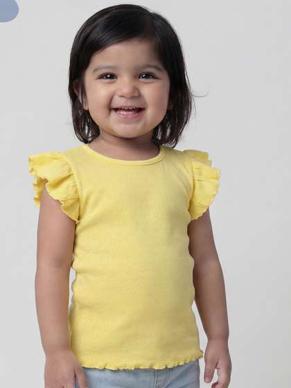 Peach Girls Pure Cotton
                    Round Neck Frill Sleeves Top
