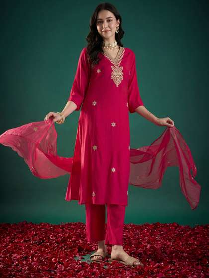 Indo Era Women
                        Ethnic Motifs Embroidered Regular Thread Work
                        Kurta with Trousers & With Dupatta