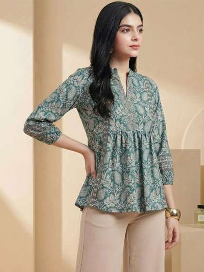 Varanga Floral Print
                        Mandarin Collar Puff Sleeve Bohemian Peplum Top