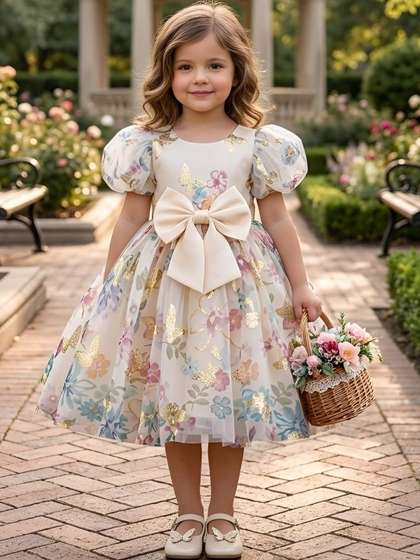 FOSTRIC Print Puff
                    Sleeve Layered Net A-Line Dress