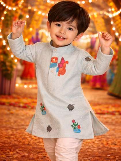 KASMEN CO. Boys Ethnic
                      Motifs Embroidered Regular Chikankari Pure Cotton
                      Kurta with Pyjamas