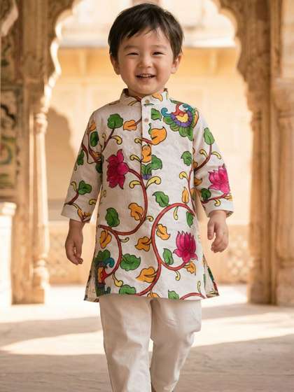 KASMEN CO. Boys Ethnic
                      Motifs Embroidered Regular Chikankari Pure Cotton
                      Kurta with Pyjamas